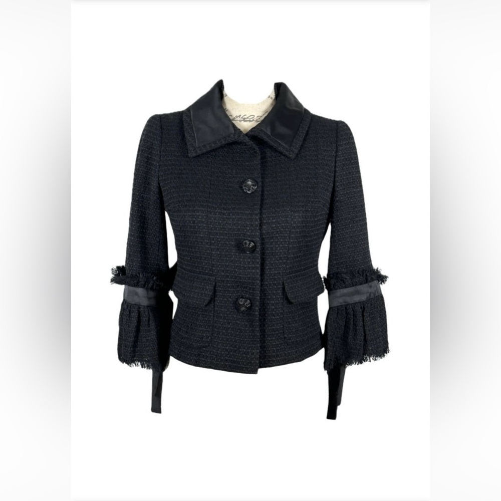 Chanel New CC Camellia Buttons Black Tweed Double Breasted Jacket size 44